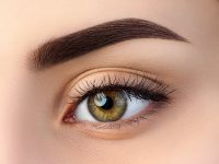 Close up view of beautiful brown female eye. Perfect trendy eyebrow. Good vision, contact lenses, brow bar or fashion eyebrow makeup concept